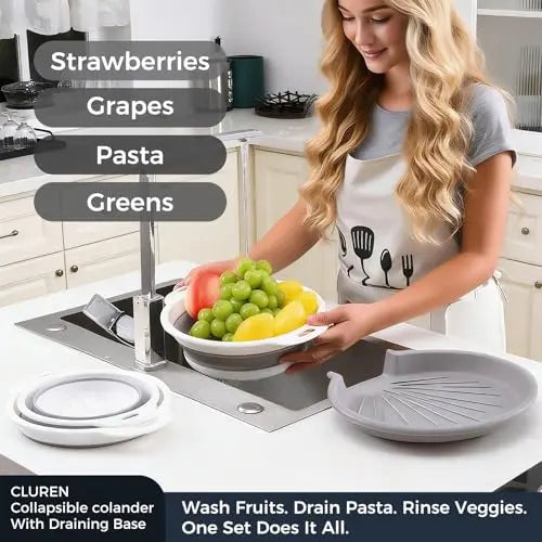 🥗 3-Piece Collapsible Colander Set with Draining Base – Space-Saving Kitchen Strainers for Fruits, Pasta & Vegetables