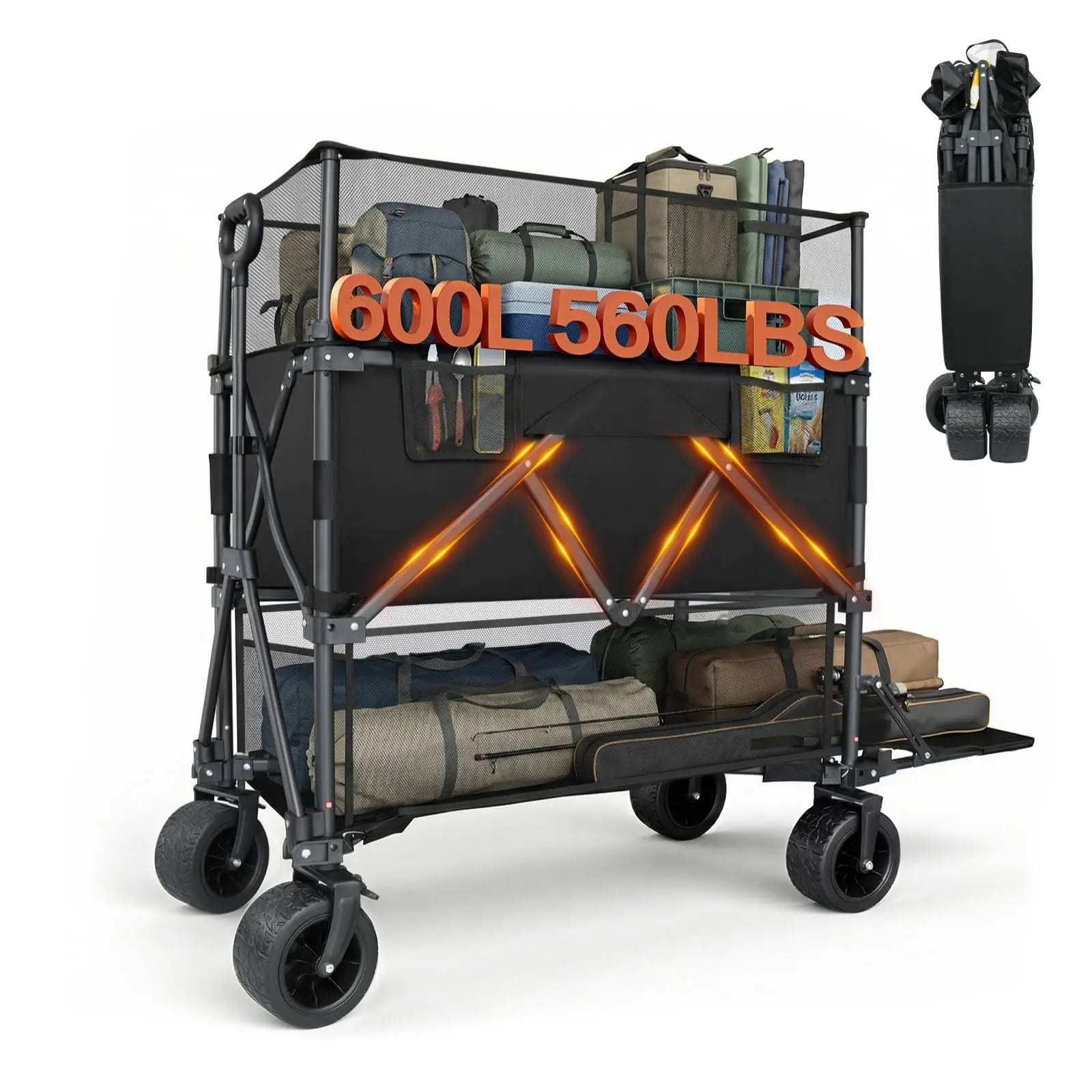 Double-Deck Cart with Storage Net and Rear Guard—560-pound Capacity