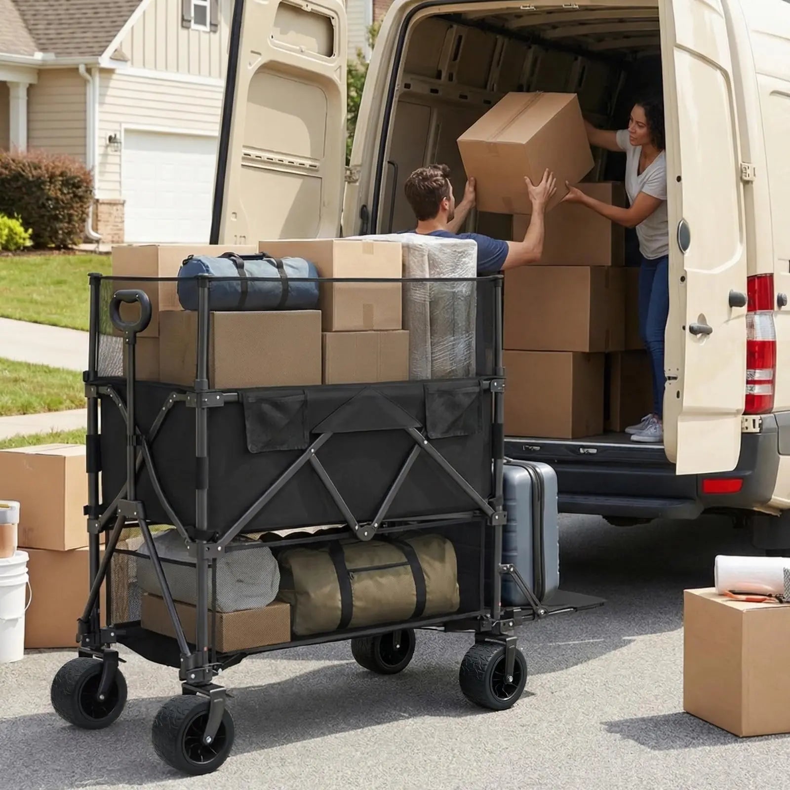 Double-Deck Cart with Storage Net and Rear Guard—560-pound Capacity