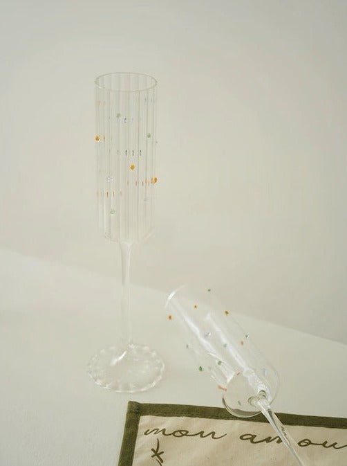 Handblown Rainbow Sprinkles Champagne Flutes Set of 2 Pcs - Whimsical Wine Glasses